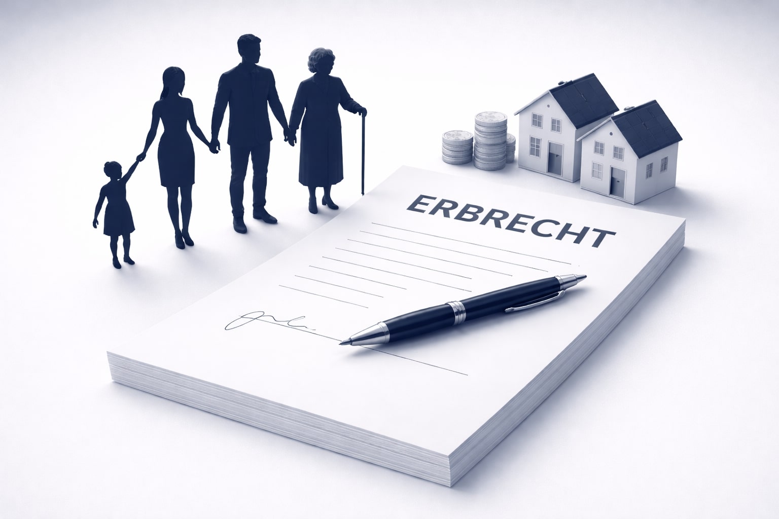 Foto von einer Familie neben einem Notizzettel und einem Haus um Erbrecht zu Symbolisieren